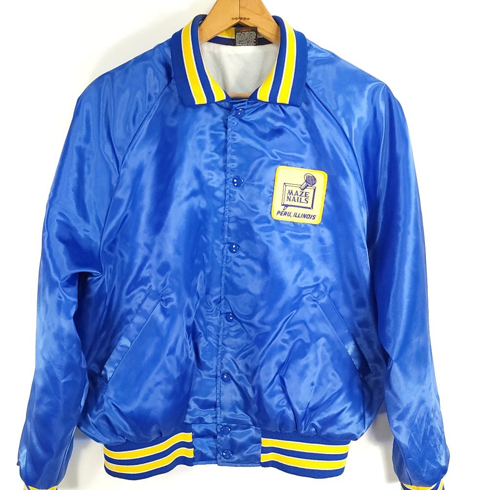 Vtg Maze Nails Jacket Men's Large Blue Yellow Aristo Jac  Snap Front Distressed